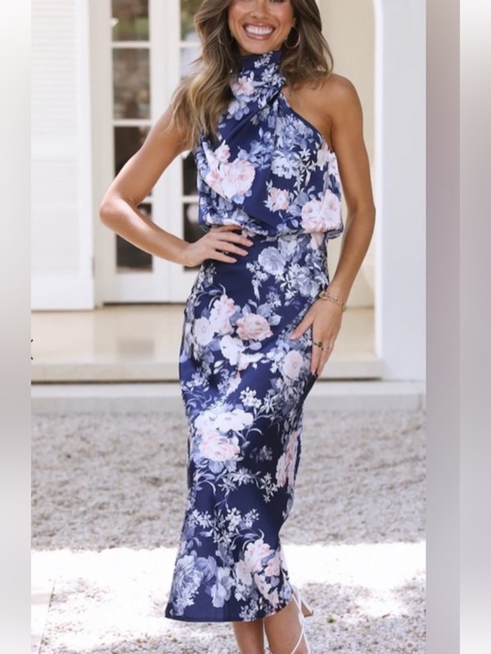 Hello Molly Dresses & Skirts - Hello Molly Navy & Blush Floral High-Neck Midi Dress